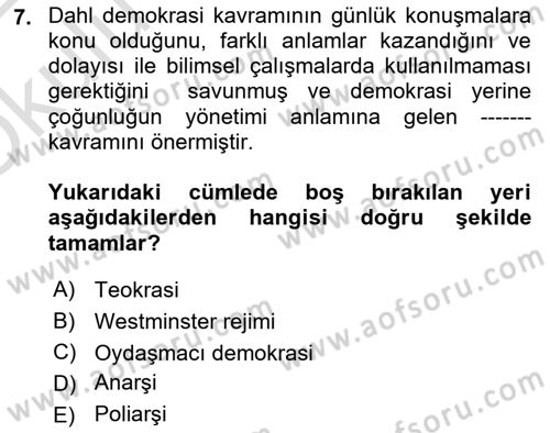 Karşılaştırmalı Siyasal Sistemler Dersi 2021 - 2022 Yılı Yaz Okulu Sınav Soruları 7. Soru