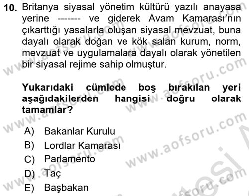 Karşılaştırmalı Siyasal Sistemler Dersi 2022 - 2023 Yılı (Vize) Ara Sınavı 10. Soru