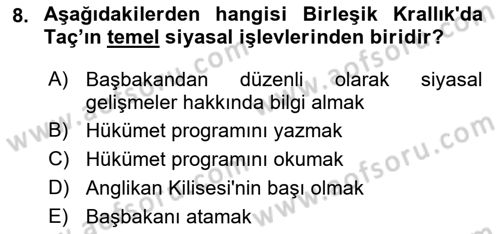 Karşılaştırmalı Siyasal Sistemler Dersi 2022 - 2023 Yılı (Vize) Ara Sınavı 8. Soru