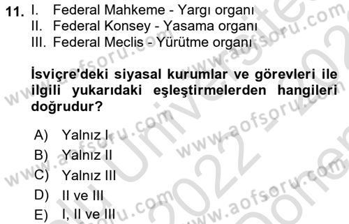 Karşılaştırmalı Siyasal Sistemler Dersi 2022 - 2023 Yılı (Final) Dönem Sonu Sınav Soruları 11. Soru