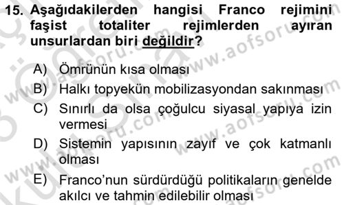 Karşılaştırmalı Siyasal Sistemler Dersi 2022 - 2023 Yılı Yaz Okulu Sınav Soruları 15. Soru