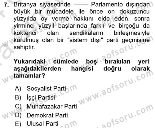 Karşılaştırmalı Siyasal Sistemler Dersi 2023 - 2024 Yılı (Vize) Ara Sınavı 7. Soru