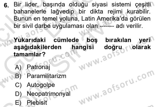 Karşılaştırmalı Siyasal Sistemler Dersi 2023 - 2024 Yılı (Final) Dönem Sonu Sınav Soruları 6. Soru