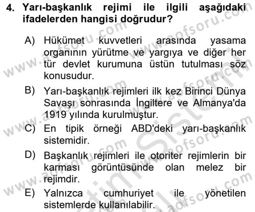 Karşılaştırmalı Siyasal Sistemler Dersi 2023 - 2024 Yılı Yaz Okulu Sınavı 4. Soru