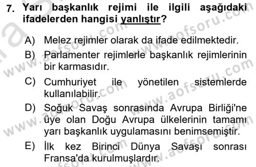 Karşılaştırmalı Siyasal Sistemler Dersi 2024 - 2025 Yılı (Vize) Ara Sınav Soruları 7. Soru