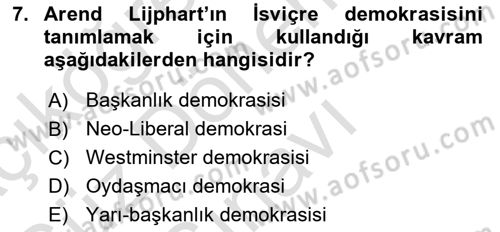 Karşılaştırmalı Siyasal Sistemler Dersi 2025 - 2026 Yılı (Final) Dönem Sonu Sınav Soruları 7. Soru