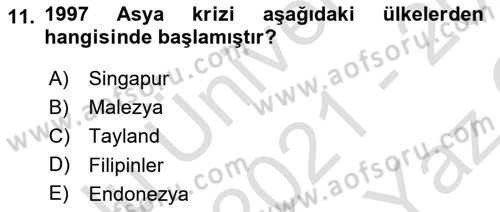 Uluslararası Politik Ekonomi Dersi 2021 - 2022 Yılı Yaz Okulu Sınav Soruları 11. Soru