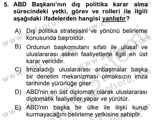 Amerikan Dış Politikası Dersi 2021 - 2022 Yılı Yaz Okulu Sınav Soruları 5. Soru