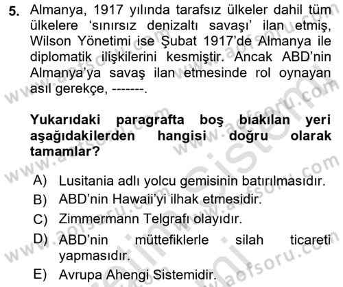 Amerikan Dış Politikası Dersi Ara Sınavı Deneme Sınav Soruları 5. Soru
