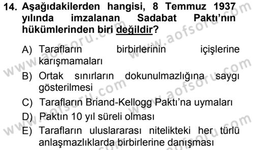 Türk Dış Politikası 1 Dersi Ara Sınavı Deneme Sınav Soruları 14. Soru