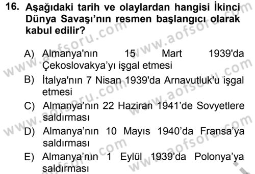 Türk Dış Politikası 1 Dersi Ara Sınavı Deneme Sınav Soruları 16. Soru