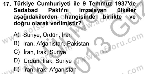 Türk Dış Politikası 1 Dersi 2012 - 2013 Yılı (Vize) Ara Sınav Soruları 17. Soru