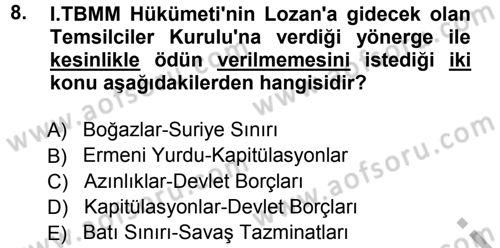 Türk Dış Politikası 1 Dersi Ara Sınavı Deneme Sınav Soruları 8. Soru