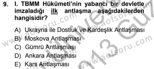 Türk Dış Politikası 1 Dersi Ara Sınavı Deneme Sınav Soruları 9. Soru