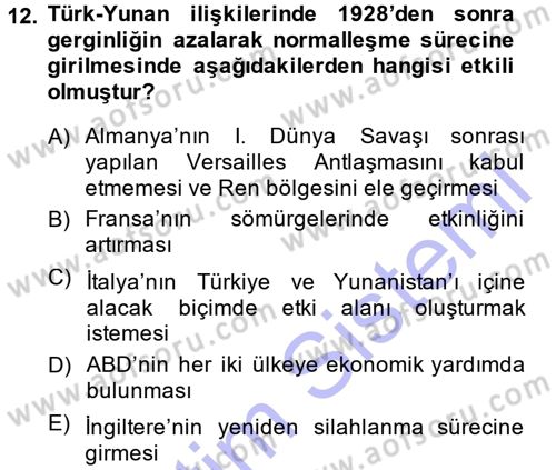Türk Dış Politikası 1 Dersi Ara Sınavı Deneme Sınav Soruları 12. Soru