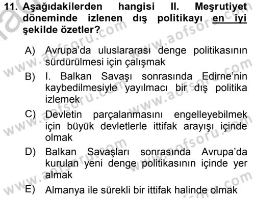 Türk Dış Politikası 1 Dersi 2016 - 2017 Yılı 3 Ders Sınav Soruları 11. Soru