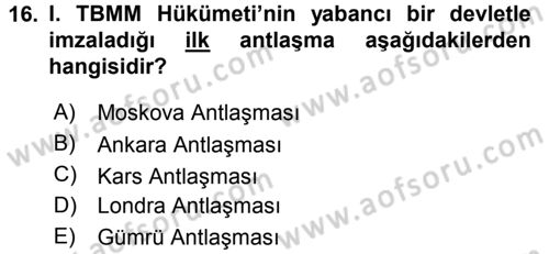 Türk Dış Politikası 1 Dersi 2016 - 2017 Yılı 3 Ders Sınav Soruları 16. Soru