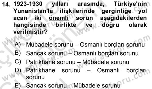 Türk Dış Politikası 1 Dersi Ara Sınavı Deneme Sınav Soruları 14. Soru