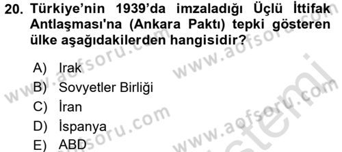 Türk Dış Politikası 1 Dersi Ara Sınavı Deneme Sınav Soruları 20. Soru