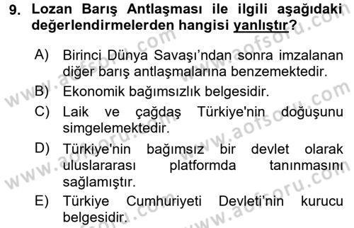 Türk Dış Politikası 1 Dersi Ara Sınavı Deneme Sınav Soruları 9. Soru