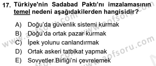 Türk Dış Politikası 1 Dersi 2018 - 2019 Yılı (Vize) Ara Sınav Soruları 17. Soru