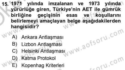 Türk Dış Politikası 1 Dersi 2018 - 2019 Yılı Yaz Okulu Sınavı 15. Soru