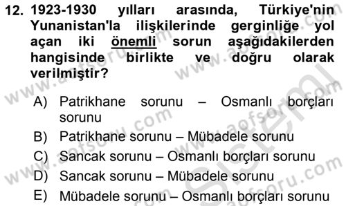 Türk Dış Politikası 1 Dersi 2019 - 2020 Yılı (Vize) Ara Sınav Soruları 12. Soru