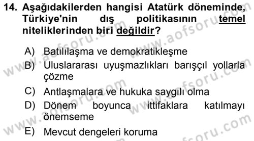 Türk Dış Politikası 1 Dersi Ara Sınavı Deneme Sınav Soruları 14. Soru