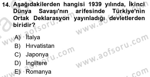 Türk Dış Politikası 1 Dersi Ara Sınavı Deneme Sınav Soruları 14. Soru