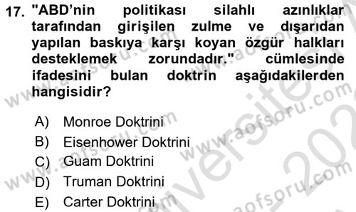 Türk Dış Politikası 1 Dersi Ara Sınavı Deneme Sınav Soruları 17. Soru