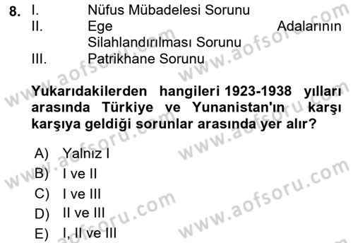 Türk Dış Politikası 1 Dersi 2022 - 2023 Yılı (Vize) Ara Sınav Soruları 8. Soru