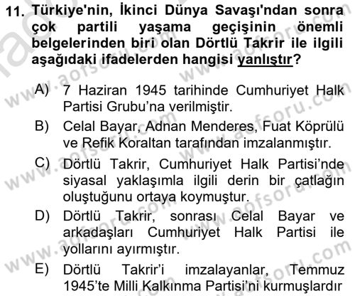 Türk Dış Politikası 1 Dersi 2022 - 2023 Yılı Yaz Okulu Sınav Soruları 11. Soru