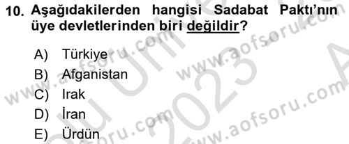 Türk Dış Politikası 1 Dersi Ara Sınavı Deneme Sınav Soruları 10. Soru