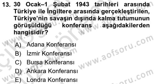 Türk Dış Politikası 1 Dersi Ara Sınavı Deneme Sınav Soruları 13. Soru