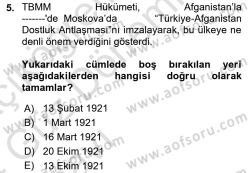 Türk Dış Politikası 1 Dersi Ara Sınavı Deneme Sınav Soruları 5. Soru