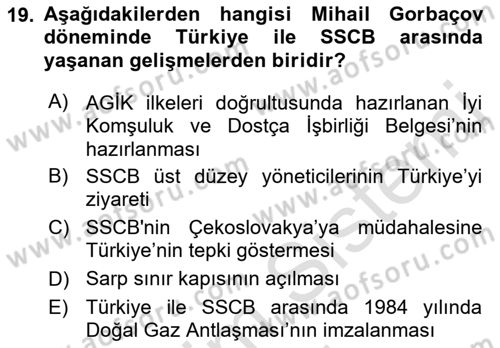 Türk Dış Politikası 1 Dersi 2023 - 2024 Yılı (Final) Dönem Sonu Sınav Soruları 19. Soru