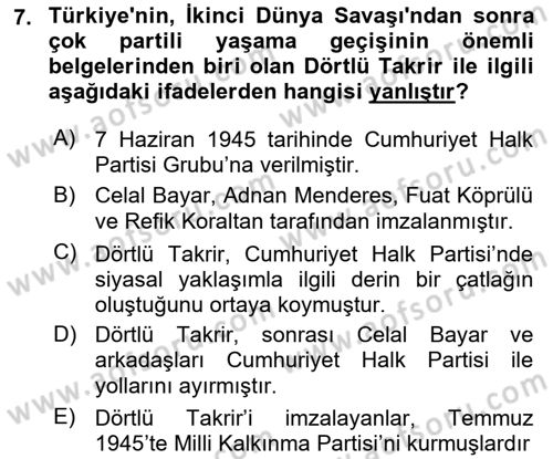 Türk Dış Politikası 1 Dersi 2023 - 2024 Yılı (Final) Dönem Sonu Sınav Soruları 7. Soru