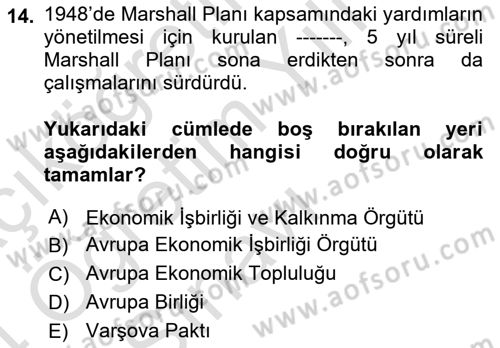 Türk Dış Politikası 1 Dersi 2023 - 2024 Yılı Yaz Okulu Sınav Soruları 14. Soru