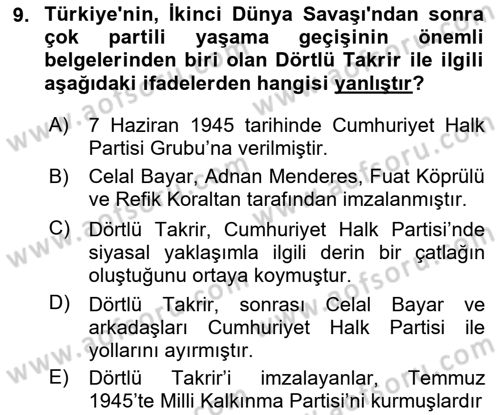 Türk Dış Politikası 1 Dersi 2023 - 2024 Yılı Yaz Okulu Sınav Soruları 9. Soru