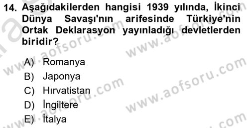 Türk Dış Politikası 1 Dersi 2024 - 2025 Yılı (Vize) Ara Sınav Soruları 14. Soru