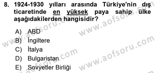 Türk Dış Politikası 1 Dersi Ara Sınavı Deneme Sınav Soruları 8. Soru