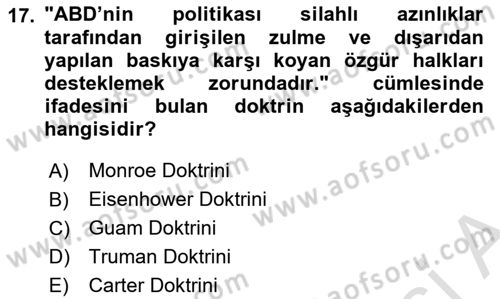 Türk Dış Politikası 1 Dersi 2025 - 2026 Yılı (Vize) Ara Sınav Soruları 17. Soru