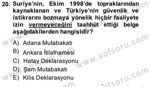 Türk Dış Politikası 2 Dersi 2014 - 2015 Yılı (Vize) Ara Sınavı 20. Soru