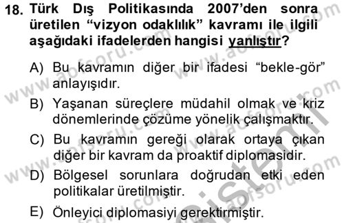 Türk Dış Politikası 2 Dersi 2014 - 2015 Yılı (Final) Dönem Sonu Sınav Soruları 18. Soru