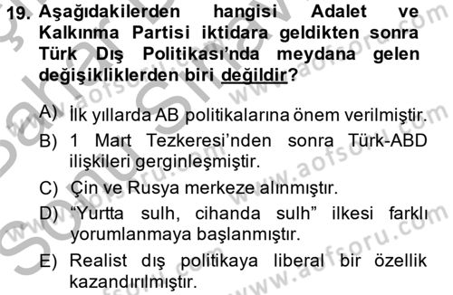 Türk Dış Politikası 2 Dersi 2014 - 2015 Yılı (Final) Dönem Sonu Sınav Soruları 19. Soru