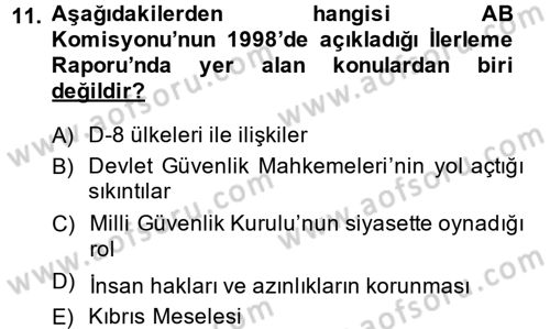 Türk Dış Politikası 2 Dersi 2014 - 2015 Yılı Tek Ders Sınavı 11. Soru