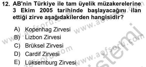 Türk Dış Politikası 2 Dersi 2016 - 2017 Yılı 3 Ders Sınav Soruları 12. Soru