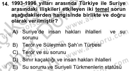 Türk Dış Politikası 2 Dersi 2016 - 2017 Yılı (Vize) Ara Sınav Soruları 14. Soru