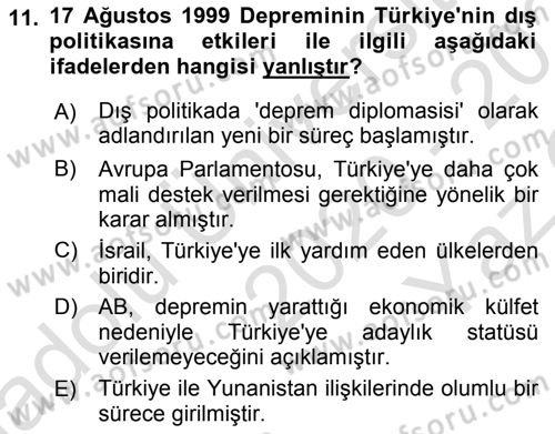 Türk Dış Politikası 2 Dersi 2020 - 2021 Yılı Yaz Okulu Sınav Soruları 11. Soru
