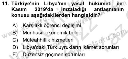 Türk Dış Politikası 2 Dersi 2022 - 2023 Yılı Yaz Okulu Sınav Soruları 11. Soru
